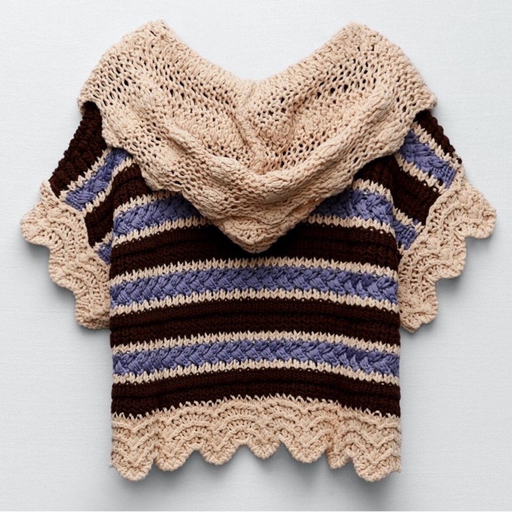 New Zara Crochet Knit Hooded Short Sleeve Sweater - Picture 6 of 8